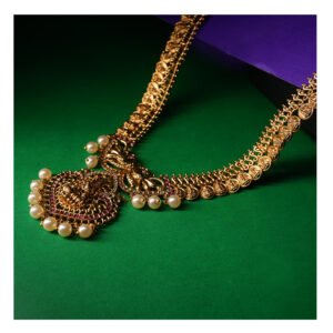 Traditional Temple Design Gold-Plated Necklace with Pearls