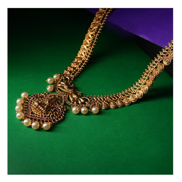 Traditional Temple Design Gold-Plated Necklace with Pearls